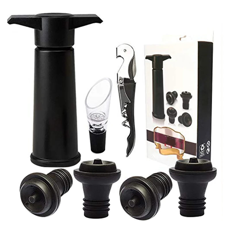 

Wine Stoppers Set, Wine Saver Vacuum Pump Preserver - With 4 Bottle Stoppers, 1 Wine Aerator & 1 Bottle Opener
