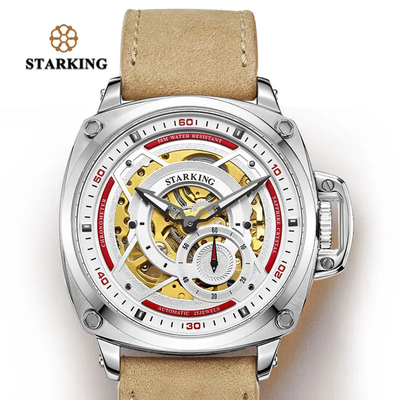 WHITE WRISTWATCH STARKING мужские часы, 50 м, водонепроницаемые, xfcs,, мужские, скелет, автоматические механические часы, армейские, стиль, Прямоугольные Наручные часы - Цвет: WHITE WRISTWATCH