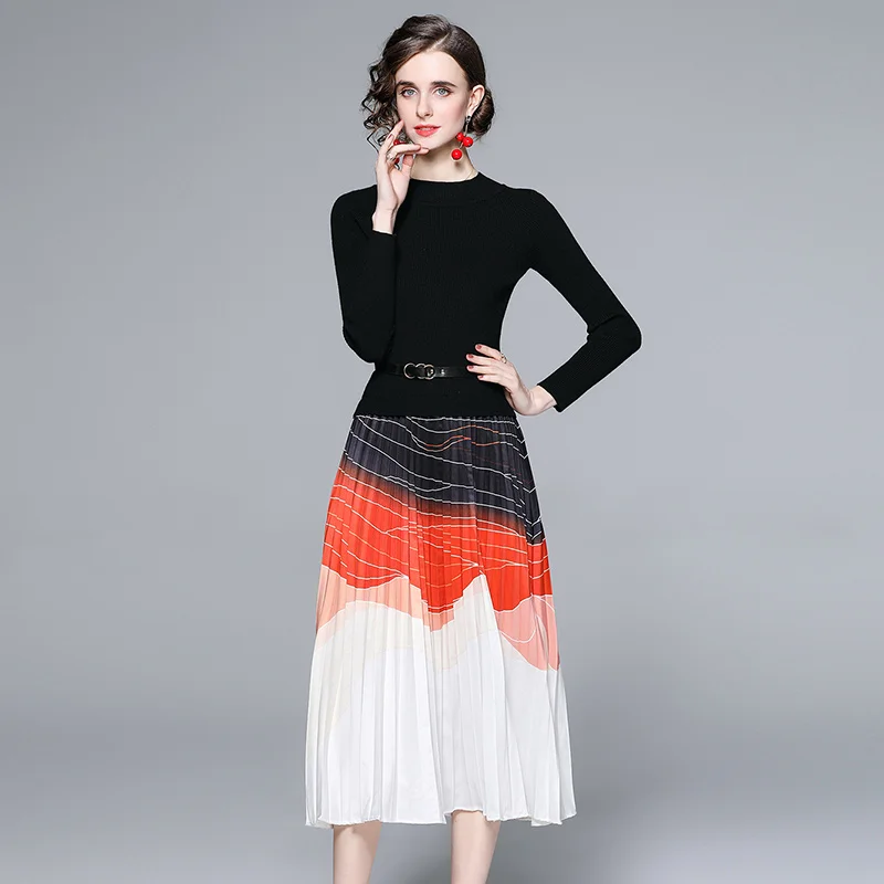 

Runway Autumn Elegant Knitted Patchwork Gradient Pleated Dress Women Long Sleeve Sweater Office One-Piece Midi Vestidos