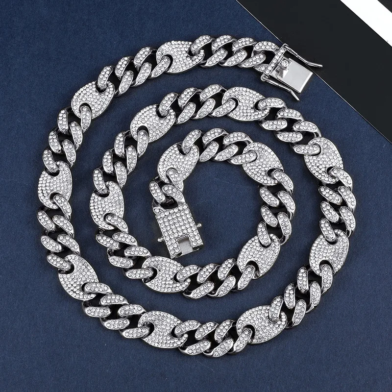 

12mm Iced Out Cuban Link Necklace Chain Hip hop Jewelry Gold Silver Color Rhinestone CZ Clasp for Mens Rapper Necklaces