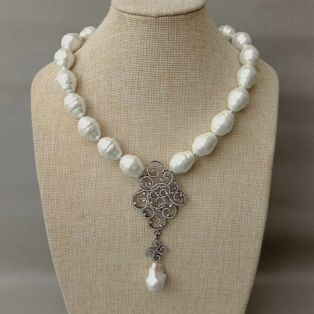 

18" White Sea Shell Pearl Necklace White Keshi Pearl Propitious Cloud CZ Pendant