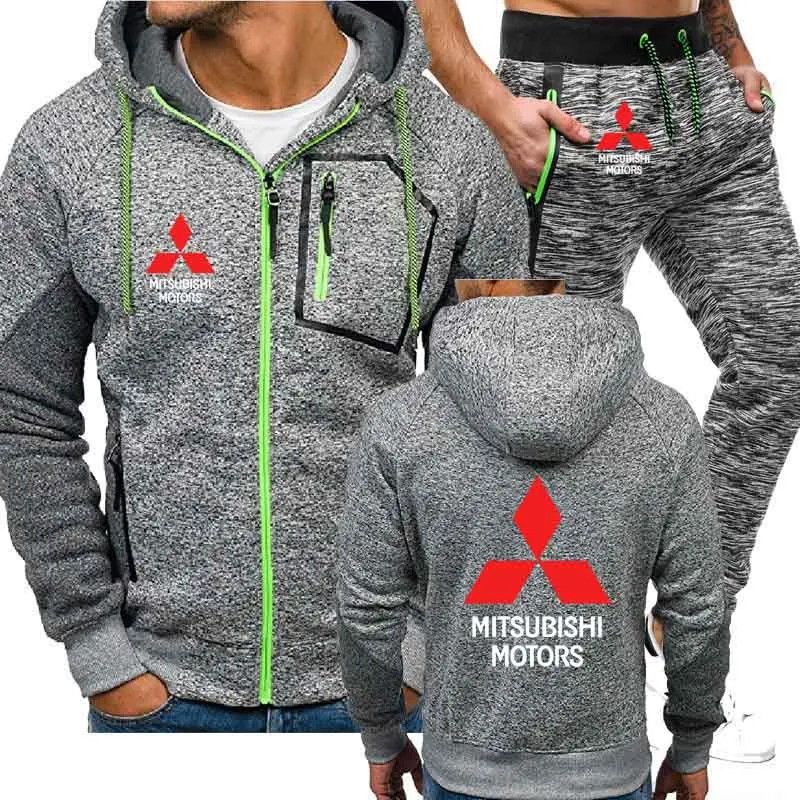 Мужская куртка, толстовка с логотипом Mitsubishi, весна-осень, толстовки+ штаны, 2 предмета, спортивный костюм, Флисовая теплая плотная спортивная одежда - Цвет: Серый