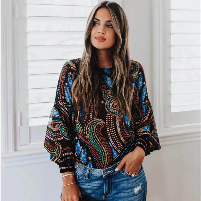 Women Peacock Print Boho Blouse Elegant Vogue Long Sleeve Blouse Shirt Autumn Female O-Neck Tops Blusas Mujer De Moda Nice#68