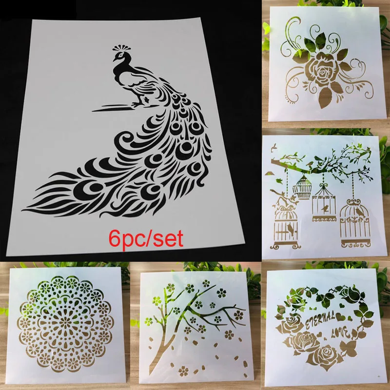 

6pc Peacock Stencil Bullet Journal Accessories Rose Painting Template DIY Stencils For Decor Scrapbooking Cake Stencil Reusable