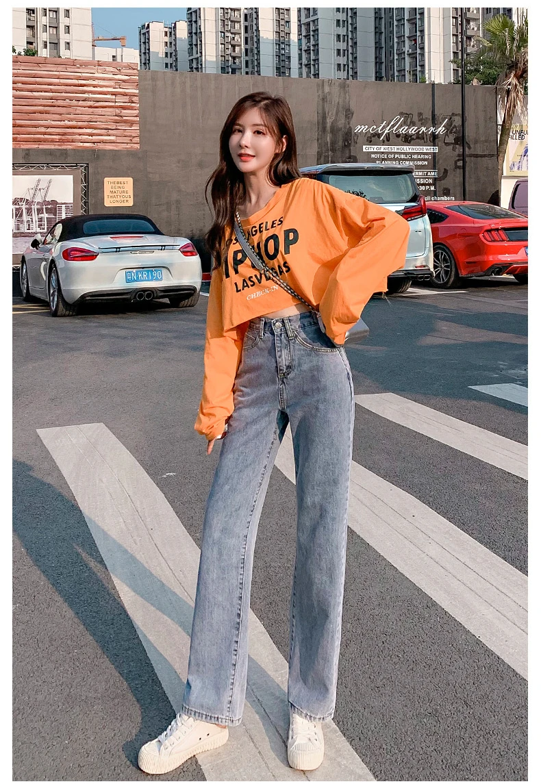 Новые женские джинсы в стиле бойфренда Осень-Зима корейские простые джинсы с высокой талией свободные прямые джинсы с карманами Femme серые