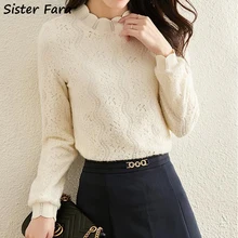 

Sister Fara Spring Autumn Elegant Lace Mock Neck Knit Sweater Women Lantern Sleeve Slim Sweaters Ladies Casual Knitting Sweater