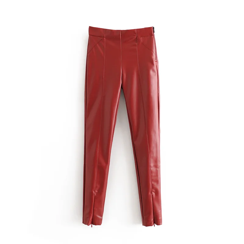 Женские стильные Стрейчевые брюки из искусственной кожи, однотонные женские брюки-карандаш с высокой талией, Длинные уличные брюки - Цвет: Wine Red