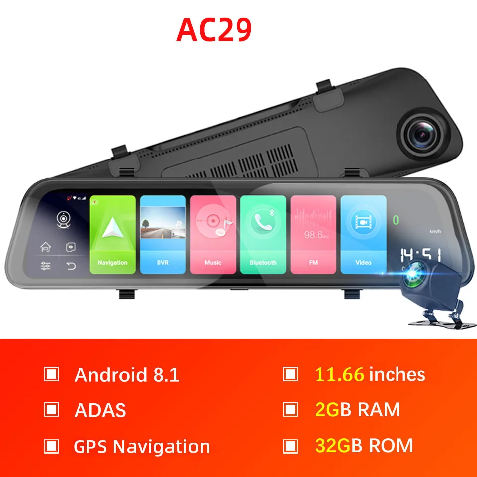 Bluavido 4G Android 11,6" Сенсорное автомобильное зеркало видео видеорегистратор gps навигатор ADAS FHD 1080P двойная камера зеркало заднего вида DVR рекордер - Название цвета: AC29
