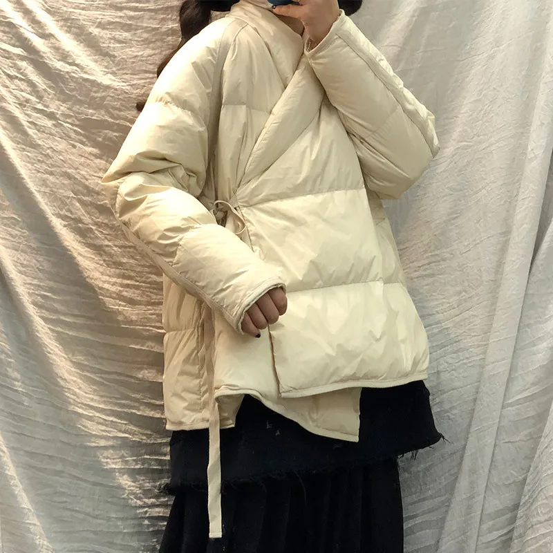 beige Зимнее женское пуховое пальто, теплая винтажная короткая куртка на белом утином пуху, модная однотонная свободная плотная верхняя одежда, женская уличная одежда - Цвет: beige
