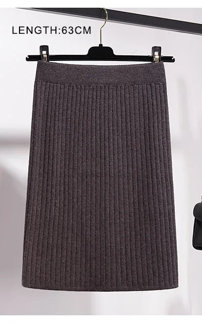 63cm dark grey Осень-зима, Женская длинная юбка с эластичной резинкой на талии, теплая трикотажная прямая тонкая элегантная черная юбка-карандаш, faldas jupe femme - Цвет: 63cm dark grey