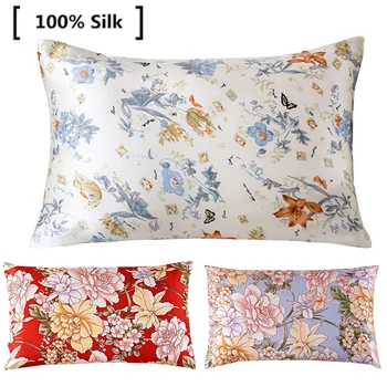 

100% Nature Mulberry Floral Print Silk Pillowcase Hidden Zipper Pillow Case Healthy Standard for Home Hotel Bedding