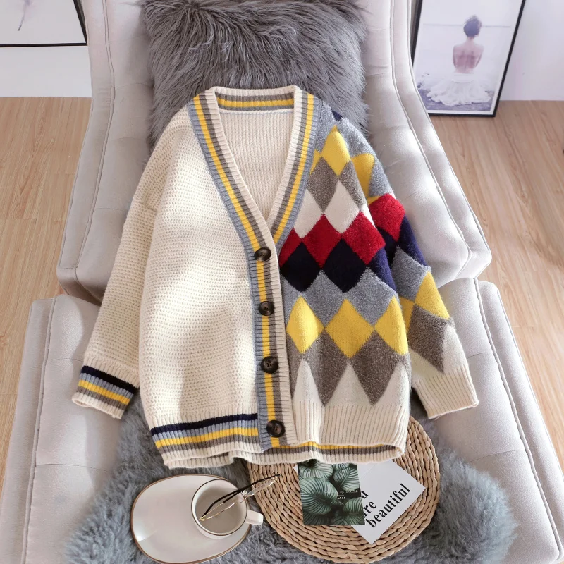 Creamy-white Новые модные женские свитера толстый кардиган пальто осенне-зимний Свободный вязаный свитер леди ветер пуговицы куртка - Цвет: Creamy-white