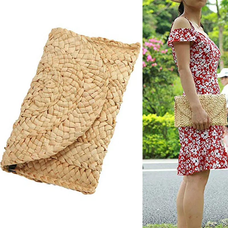 Women Straw Handbag Summer Beach Purse Woven Straw Envelope Bags LT88