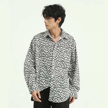 

Men Leopard Print Vintage Fashion Business Casual Long Sleeve Shirt Japan Korea Male Streetwear Hip Hop Loose Dress Shirts