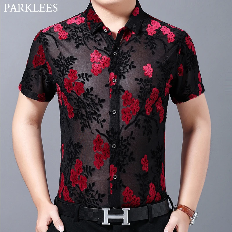 Sexy Red Floral Embroidery Lace Shirt 