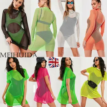 

New Women Sheer Mesh See Through Bekini Casual Cover-Up Long Sleeve Above Knee Solid Loose Cover Up Summer Holiday Beach Wear