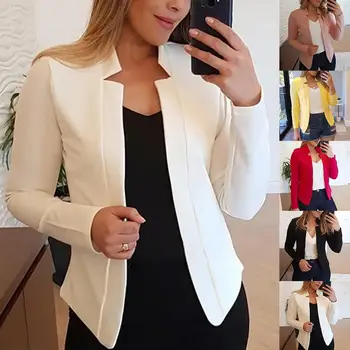 

Plus Size Solid Color No Button Blazer Women Long Sleeve Slim Suit Jacket Coat