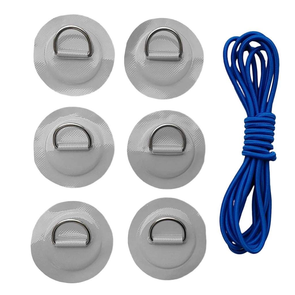 6Pcs Inflatable Boat Kayak SUP D-ring Patch & Elastic Shock Cord Set- 6 Colors Dinghy D Ring Round Patch