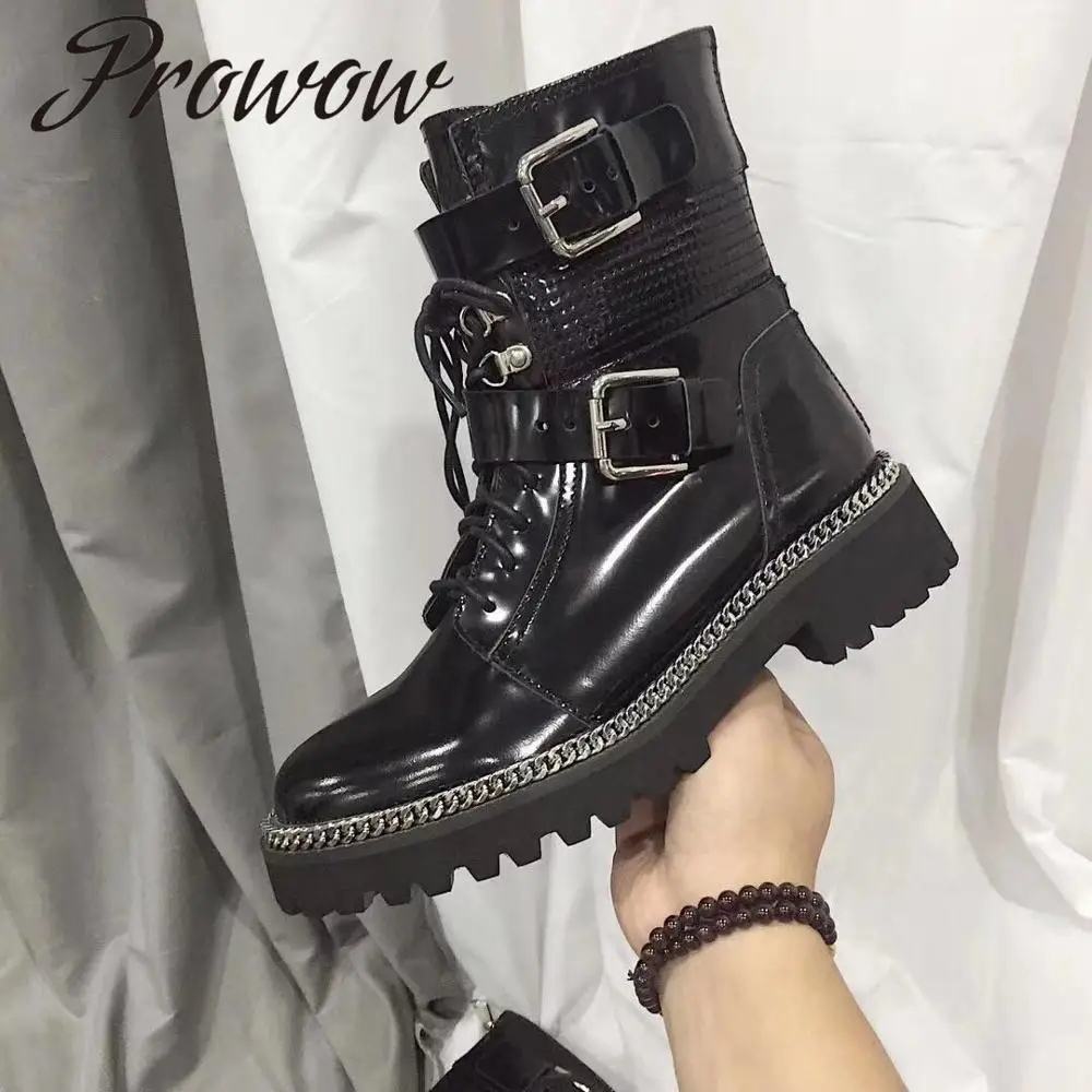 

Prowow New Genuine Leather Meatal Chain Ankle Boots Round Toe Lace Up Low Boots Autumn Winter Boots Shoes Women