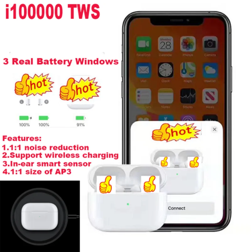Nuevo i100000 наушники-вкладыши TWS с 1:1 супер copia aire Pro3 ушной Bluetooth беспроводной pk w1 h1 1536u чип i500 i10000 i50000 i9999 i90000