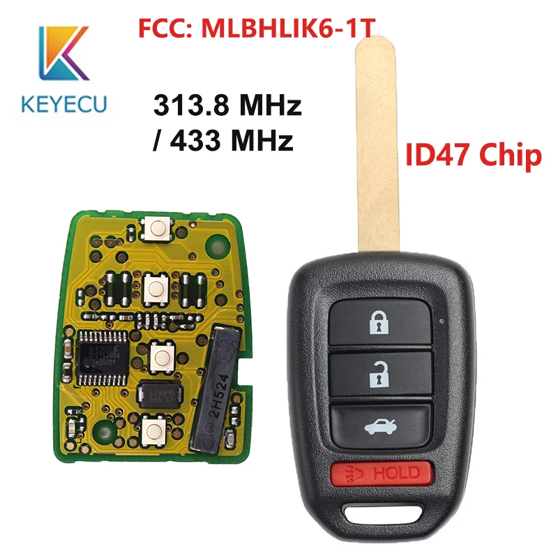 KEYECU OEM дистанционный ключ 3 1 4 кнопки 313,8 МГц 433 МГц ID47 чип брелок для Honda Accord Civic 2013- Fit FCC ID: MLBHLIK6-1T
