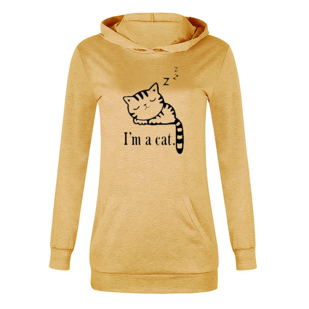 Толстовки женские длинные толстовки kawaii cat напечатанный карман осенняя одежда спортивный костюм с длинными рукавами пуловер с капюшоном Топы размер плюс 5XL