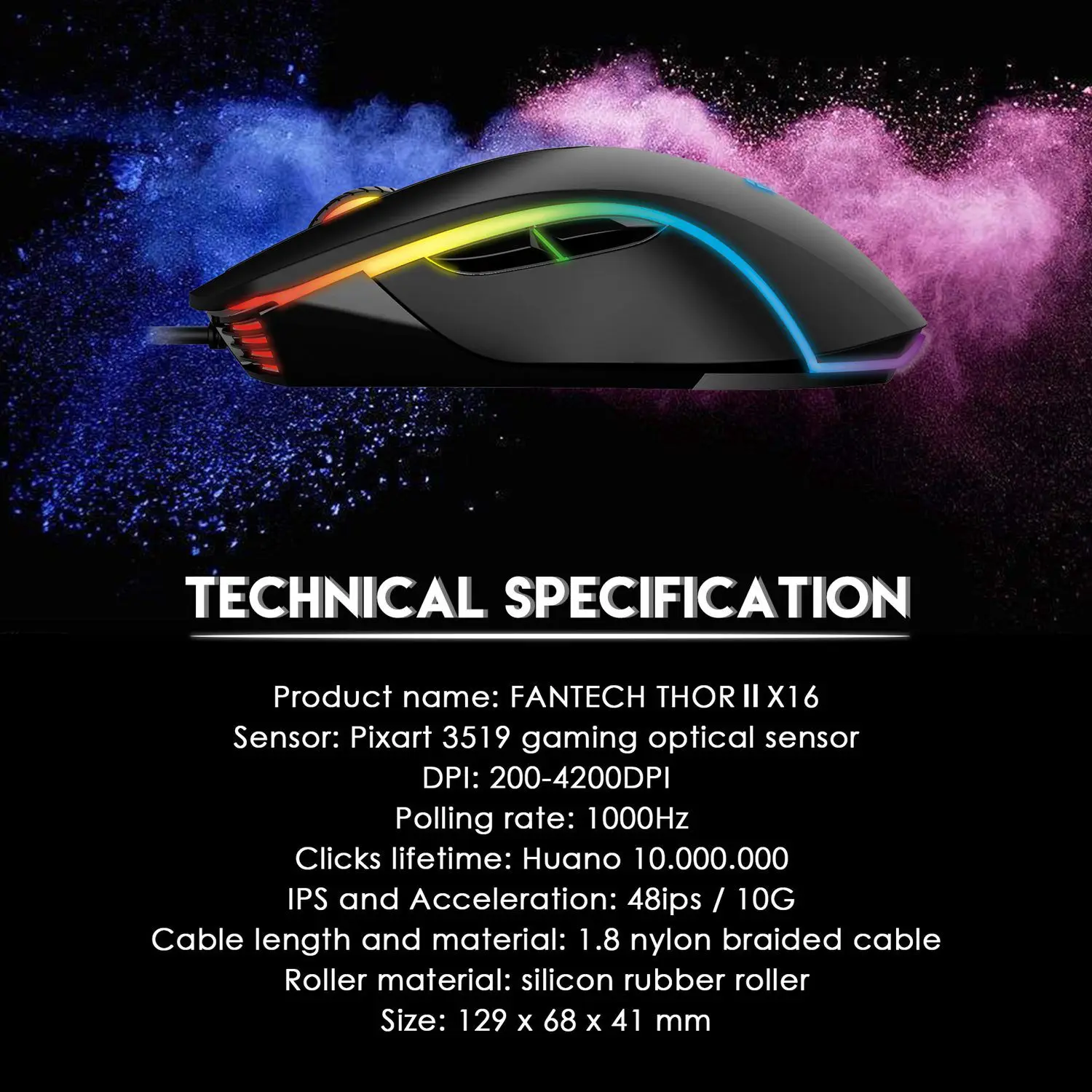 FANTECH X16 профессиональная игровая мышь 4200DPI регулируемая 6 кнопок макро кабель для