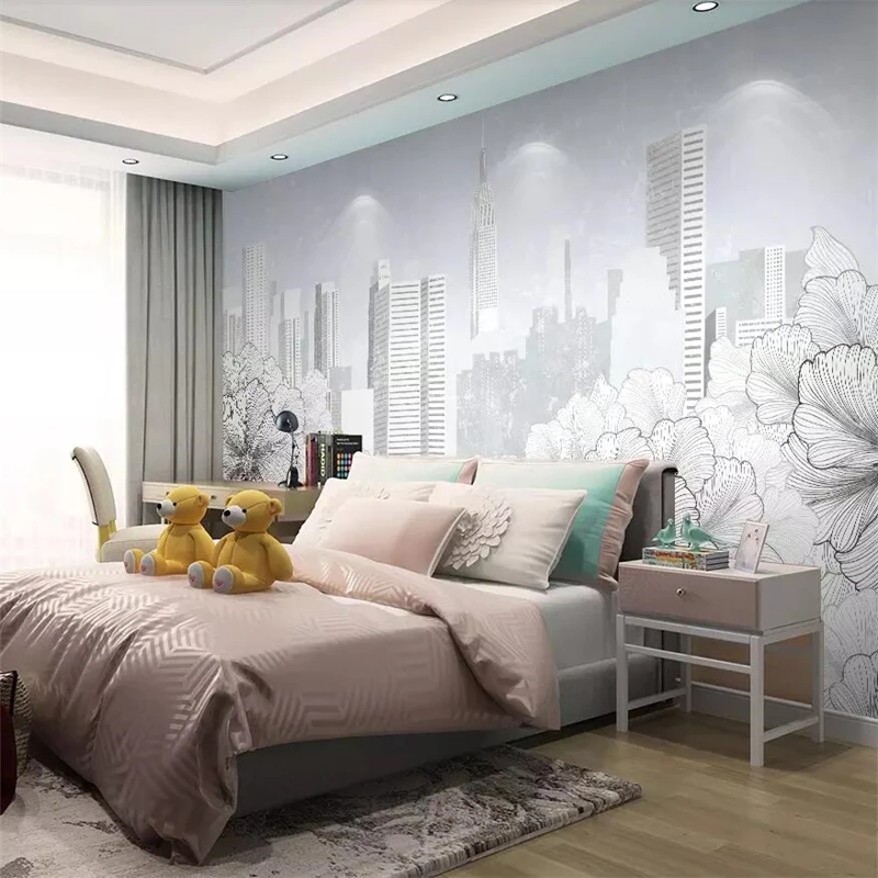 Beibehang-Modern-minimalist-line-drawing-flower-city-architecture-TV-background-wall-painting-custom-large-mural-green (2)