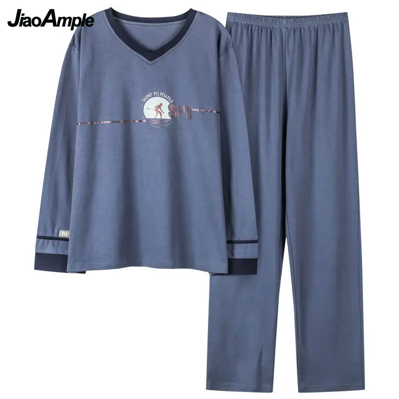 Pajamas Men's Cotton Long-sleeved Trousers Sleepwear Two-piece 2021 Autumn New Loose Nightwear Set Male Casual Pijamas
