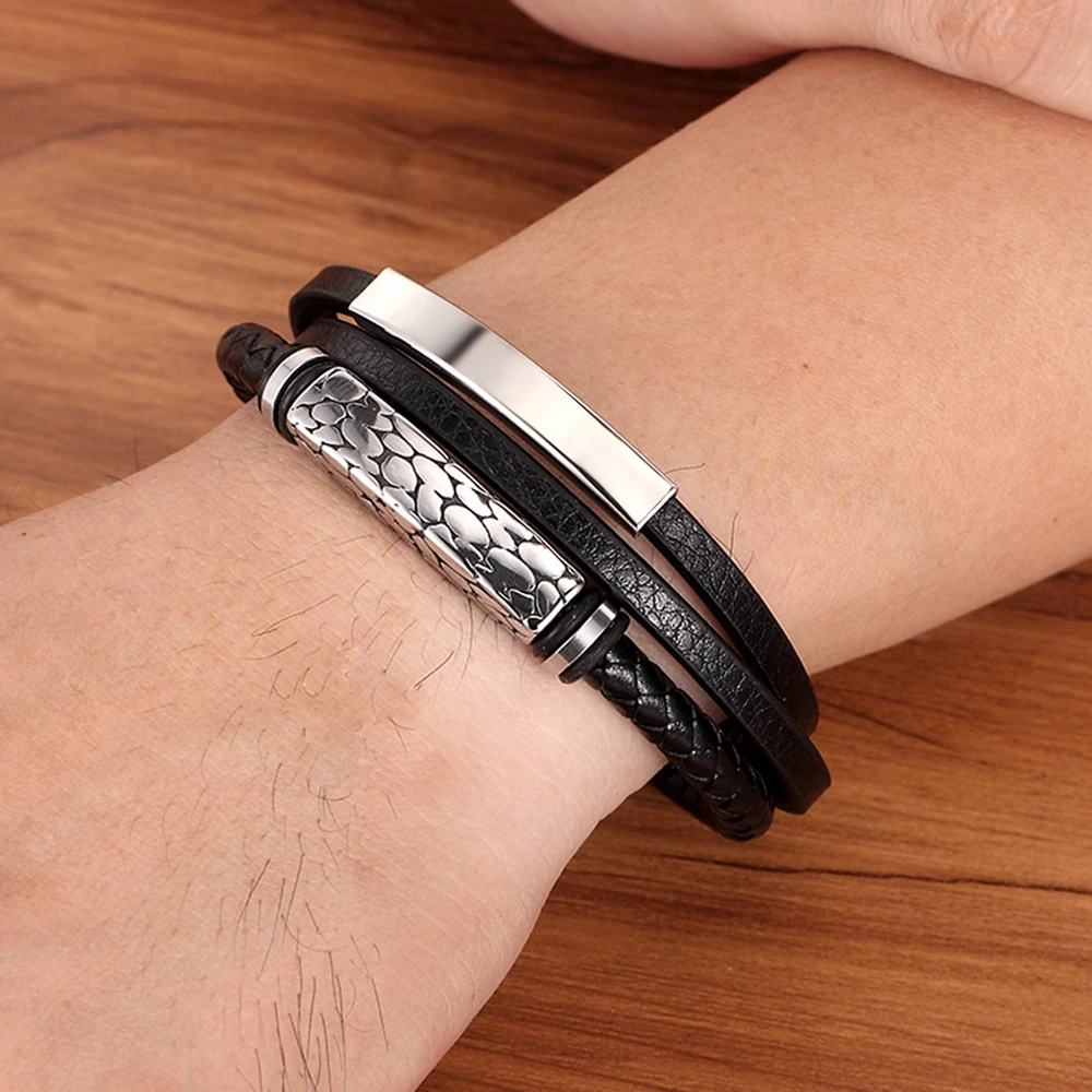 Geometric Pattern Multi-layer Accessories Black Men’s Leather Bracelet Luxury Jewelry Valentine’s Day Gift Free Shipping