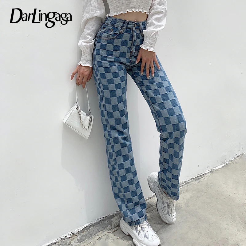 Checkered Jeans Darlingaga Y2k Contrast-Color Women Streetwear Long-Pants Vintage High-Waist
