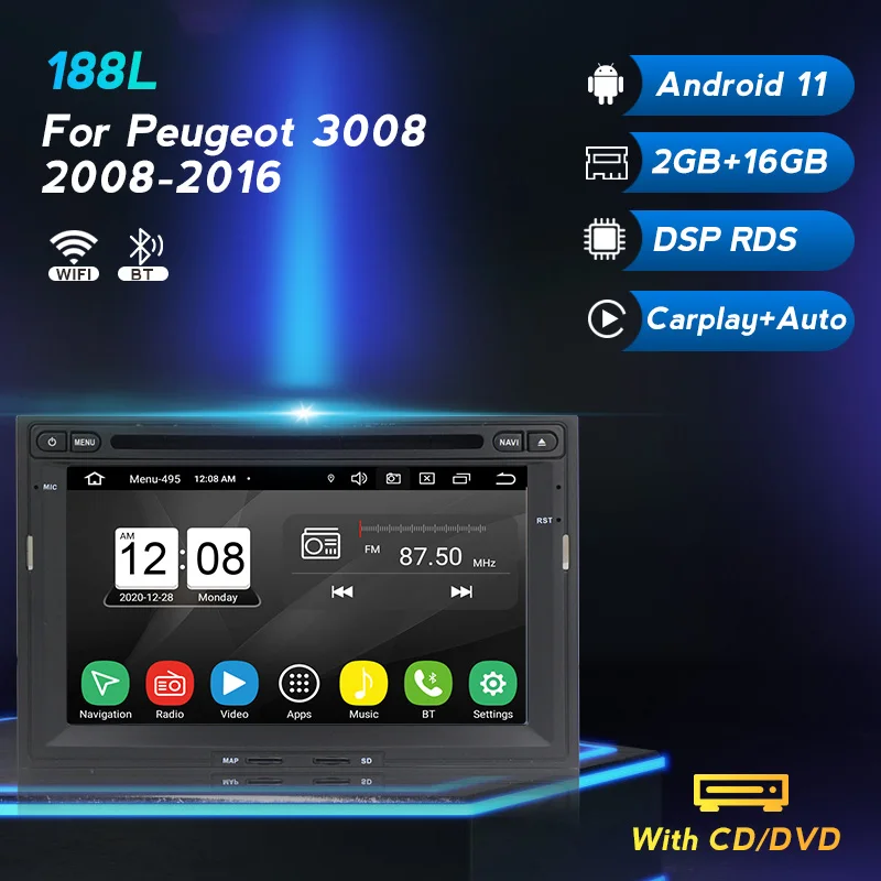 Android 11 4G LTE DSP Car Multimedia Radio Player For Peugeot 3008 2008-2016 2.0 GPS Navi Carplay Auto IPS BT DVD 2 Din | Автомобили и