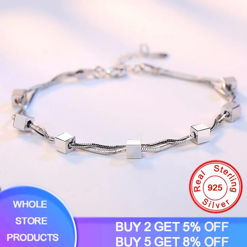 

YANHUI 925 Solid Silver Square Cube Charm Bracelets For Women Fine Jewelry Link Chain Bangle Party Fashion Female Bracelet Gift