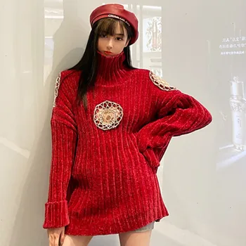 

Turtleneck Pullover Sweater Long Printed Loose Temperament Warm Knit Sweater Women Top Tide 2019 Winter New PC385