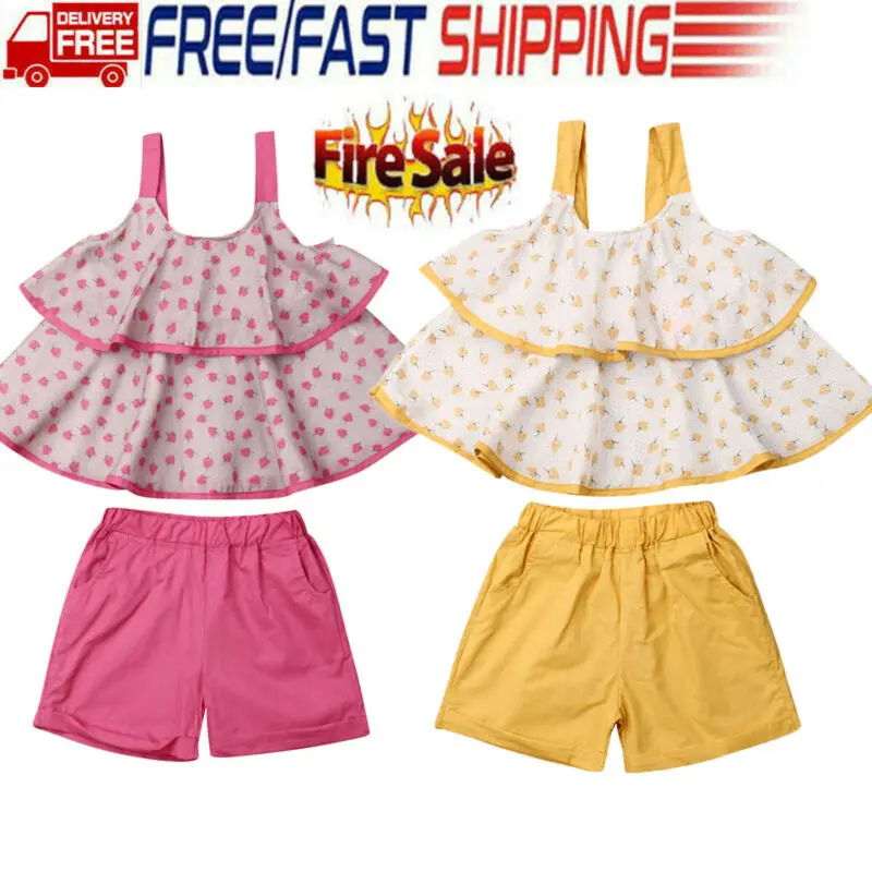 

New Kid Cloth Baby Girl Cute Floral Vest Top T-shirt Solid Shorts Outfits Clothes Summer Sunsuit 1-7Y