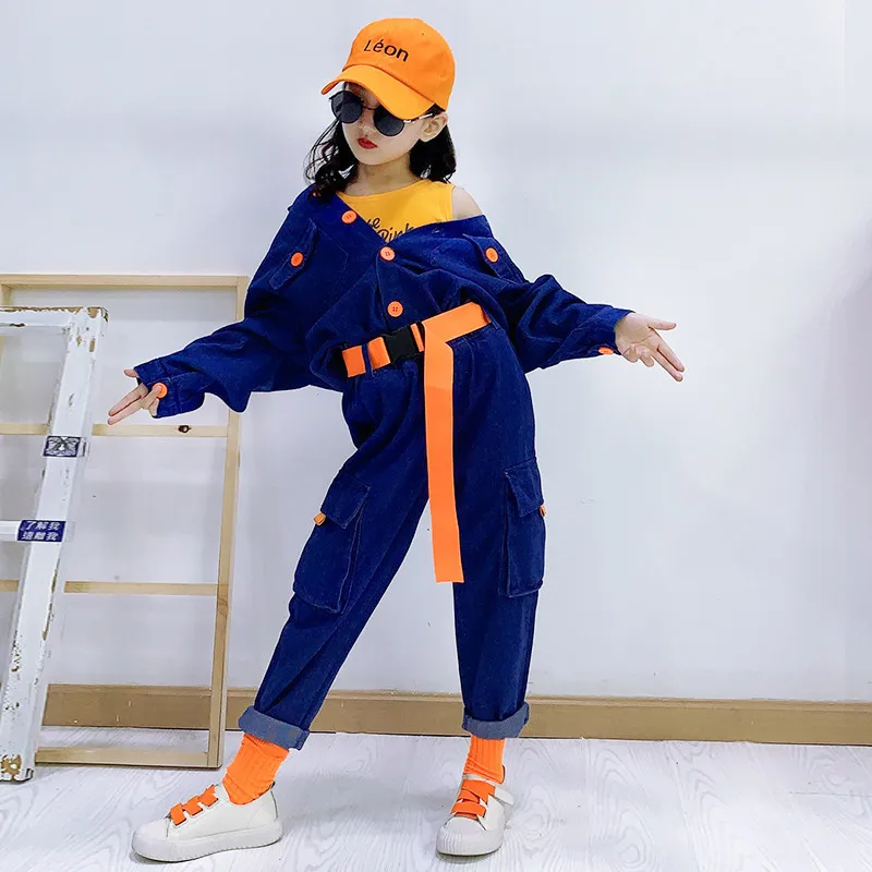 

Girls denim suit 2019 autumn new children's boy tooling hip hop fluorescent color hip-hop two-piece