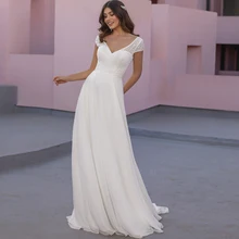 

Summer 2022 Chiffon Bride Dress Cap Sleeves Beach Backless Simple Wedding Gown 2022 A Line Floor Length Woman Свадебное платье