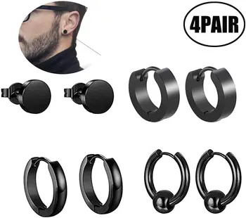 

Lvcky Men Women Stainless Steel Earring Stud Set Round Hoop Huggie Earring Stud Earring Tunnel Piercings (Pack of 4)（Black）