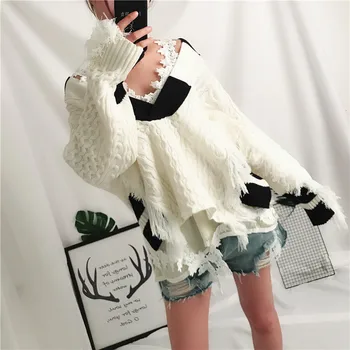 

Women New Autumn Winter Sweater Sets 2 Piece Female Lace Camisole and V Neck Twisted Stitching Pullover Tassel Irregular Sweater