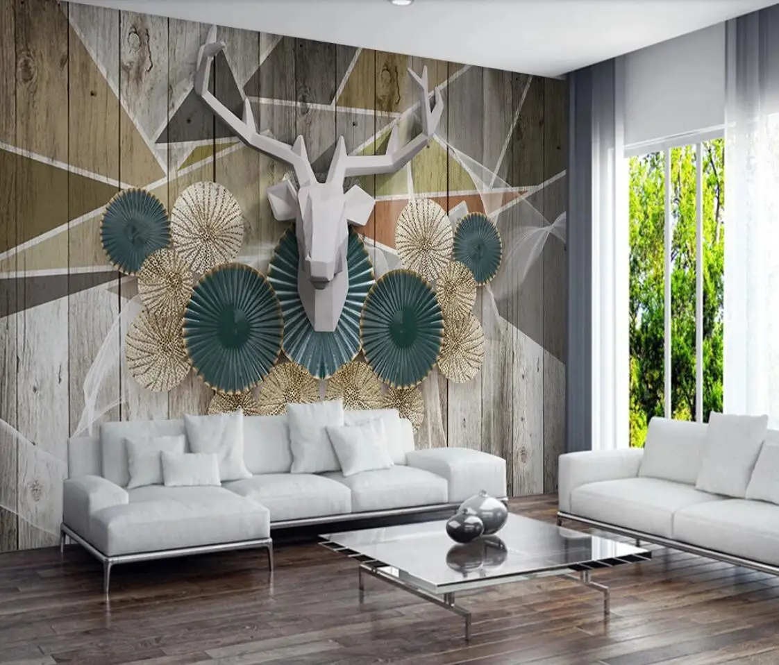 Скандинавская 3D абстрактная Геометрическая настенная бумага деревянный олень