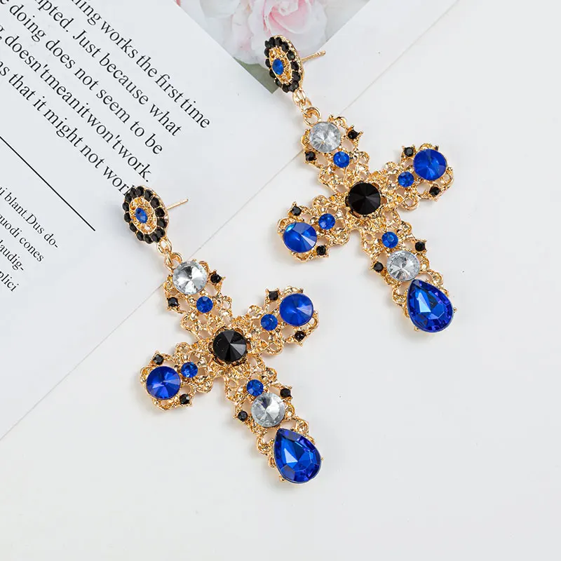 Drop Earrings Vintage Black Pink Crystal Cross Drop Earrings for Women Baroque Bohemian Large Long Earrings Jewelry Brincos