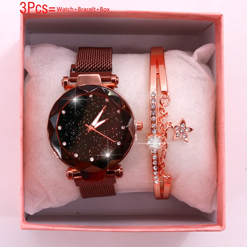 Brown Bracelet Box Женские часы, новинка, браслет, набор, женские часы, магнитные, звездное небо, часы с коробкой, кварцевые наручные часы, женские часы, Reloj Mujer - Цвет: Brown Bracelet Box