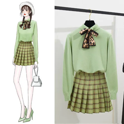 

2019 Fashion Women's Autumn Winter Bow Collar Knitwear Sweater + High Waist Pleated Woolen Two-piece Ladies Sweet Skirt Sets