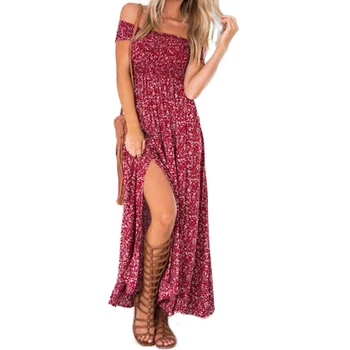 

Vicabo Plus Size Summer Off Shoulder Boho Dress Ladies Cute Floral Printed High Split Sundress Casual Party Beach Maxi Dresses