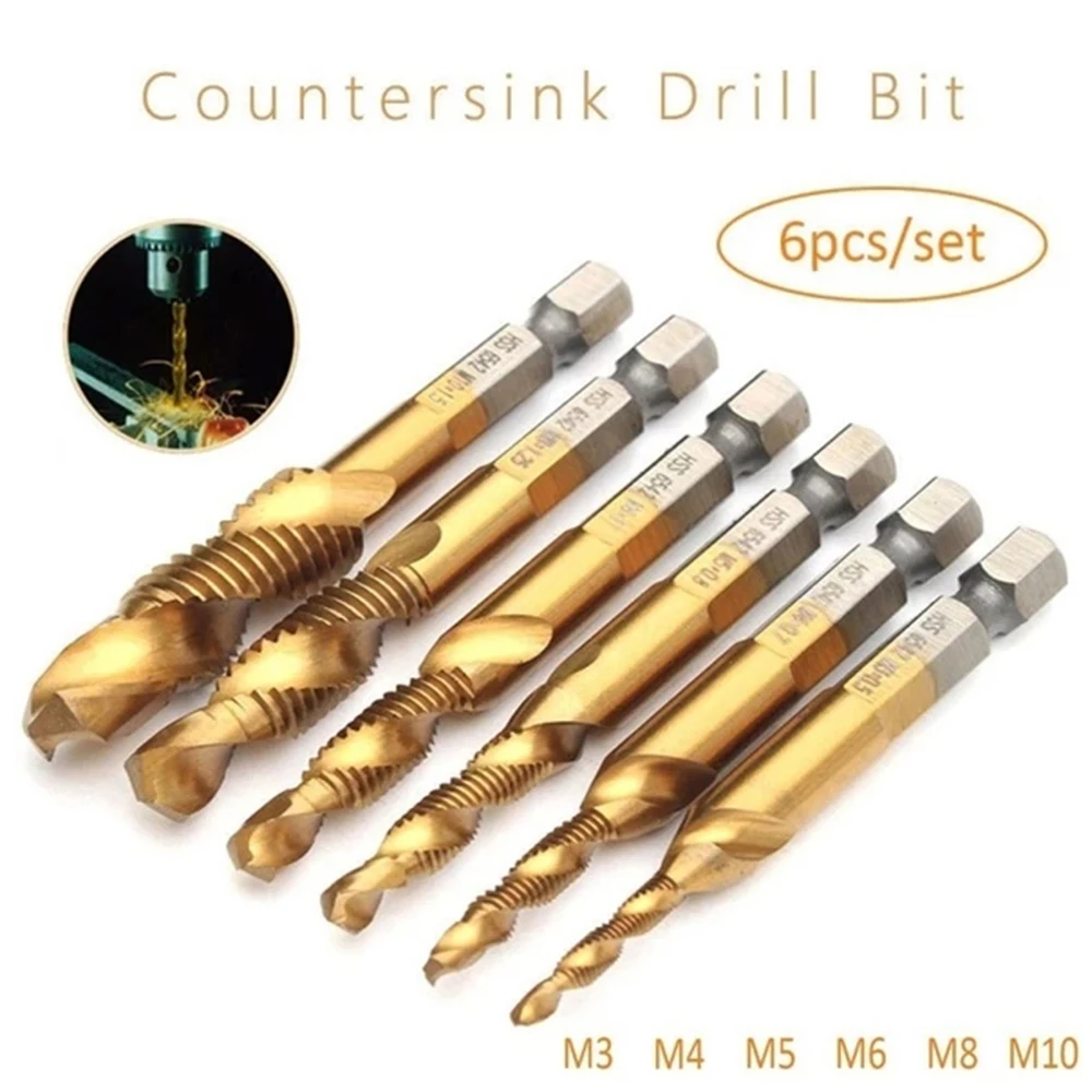 

6Pcs M3-M10 Hex Shank Titanium Plated HSS Screw Thread Metric Tap Drill Bits
