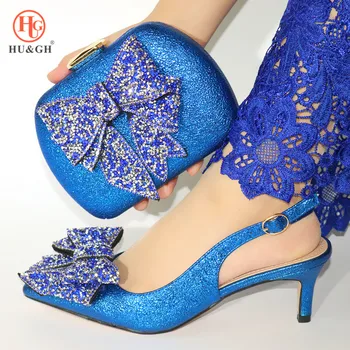 

New 2020 Blue Color Shoes Matching A Bag Itlian Lady Party Sexy Pumps Decorated with Rhinestone African Women Shoes And Bags Set