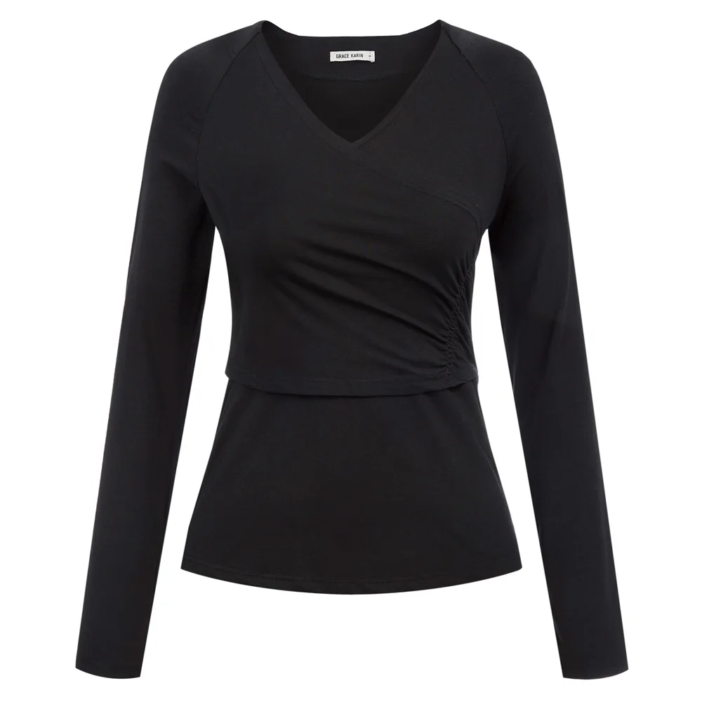 Женская плиссированная рубашка slim fit Женские топы с длинным рукавом Surplice v-образным вырезом хлопковые осенние женские топы
