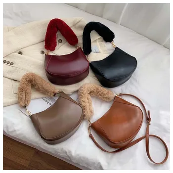 

Vintage Soft Plush Strap Womens Shoulder Bags Solid Pu Leather Women Handbags Female Plush Totes Messenger Bags Ladies Hand Bag
