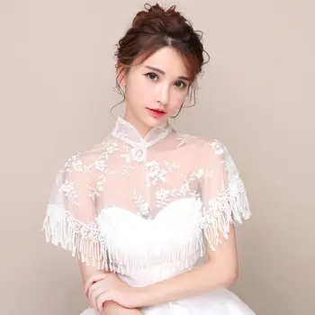 

Wedding Bridal High Neck Wrap Sheer Tulle Shawl Stole Floral Embroidery Stand Collar Evening Party Women Shrug Cape with Tassels