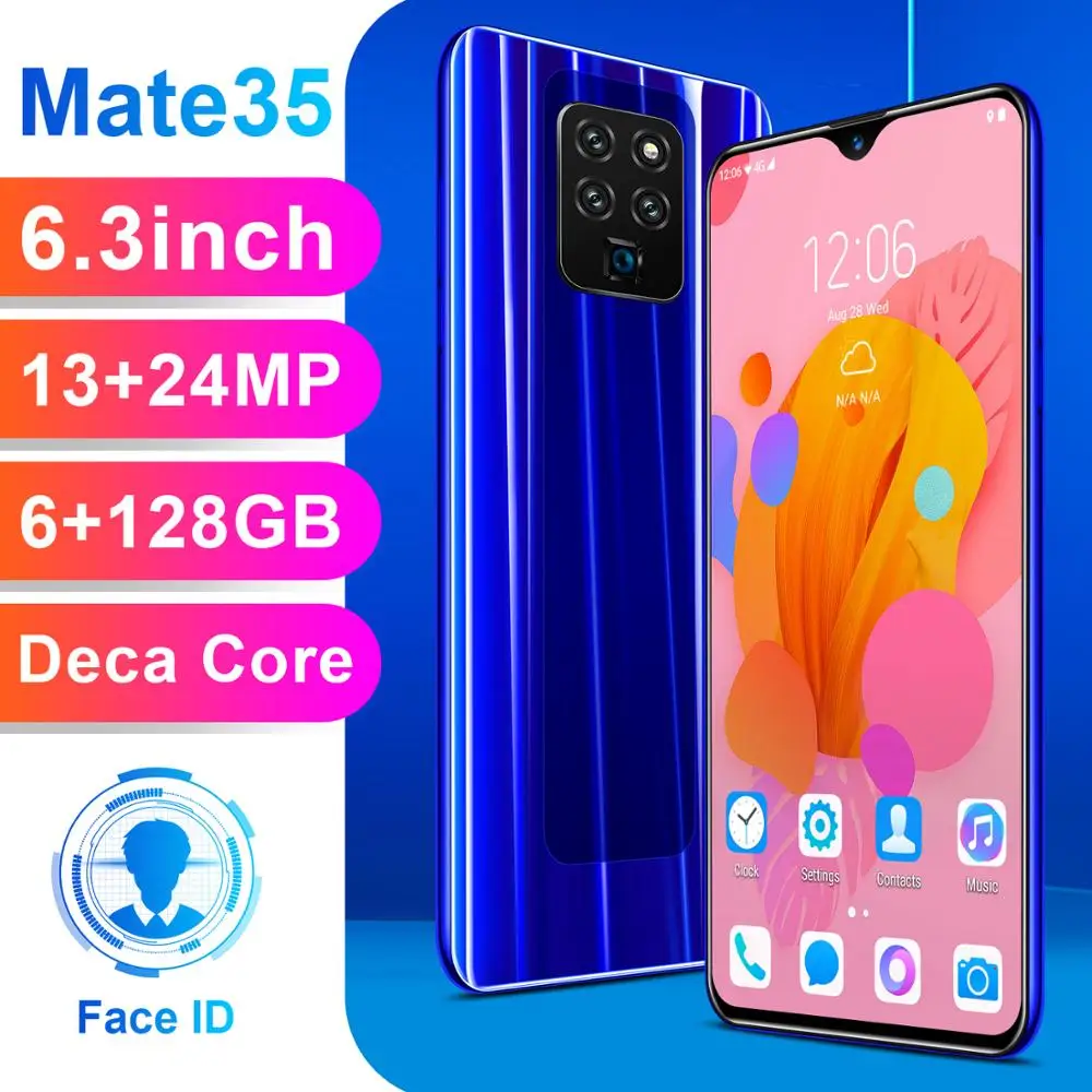 M35 Pro, 6,3 дюймов, 4G смартфон, 6 ГБ ОЗУ, 128 Гб ПЗУ, экран капли воды, мобильный телефон, распознавание лица и разблокировка отпечатков пальцев, сотовый телефон